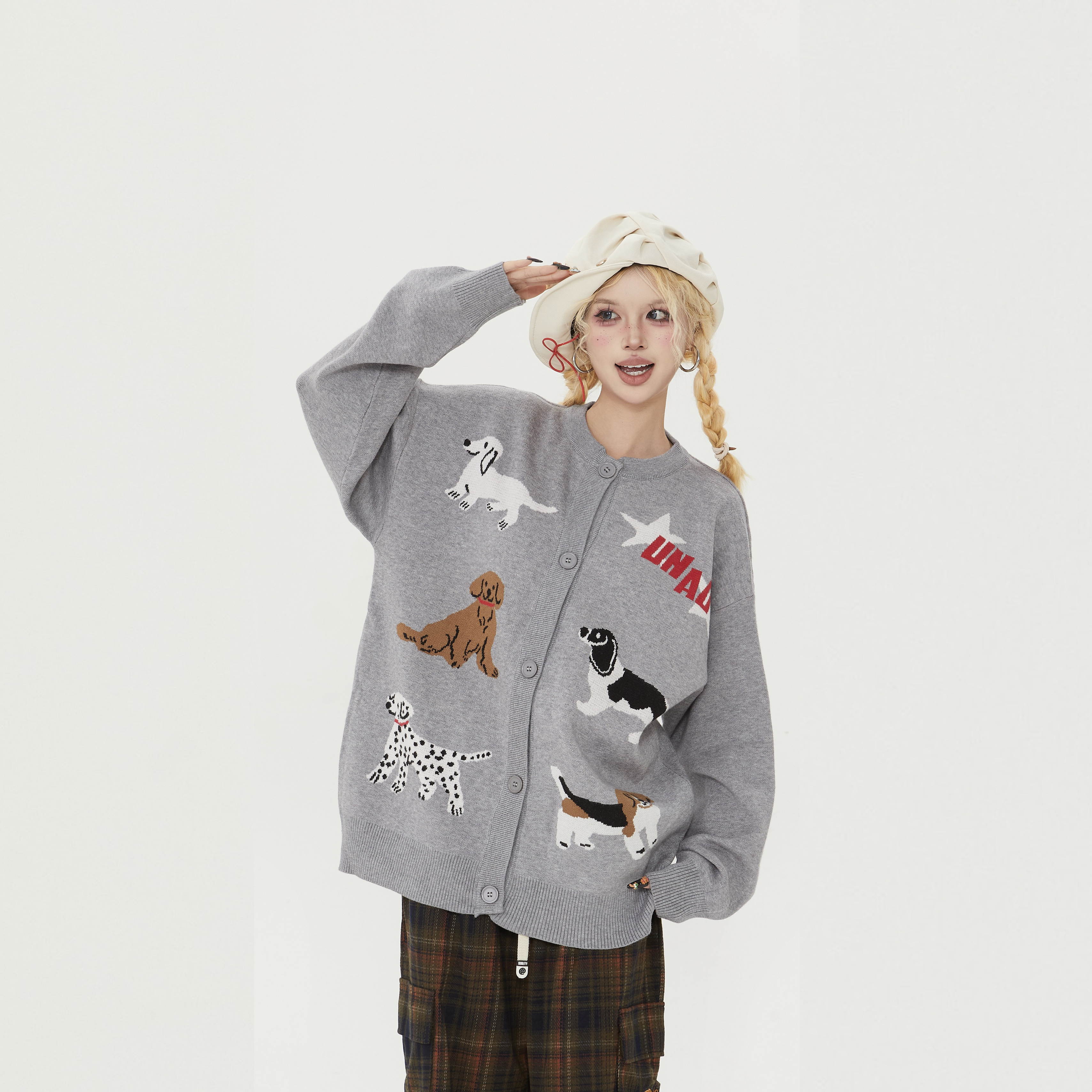 美式复古圆领宽松刺绣开衫毛衣