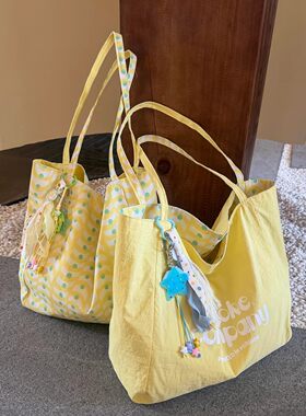 韩系黄色波点双面背刺绣尼龙托特包女学院风大容量通勤单肩上课包
