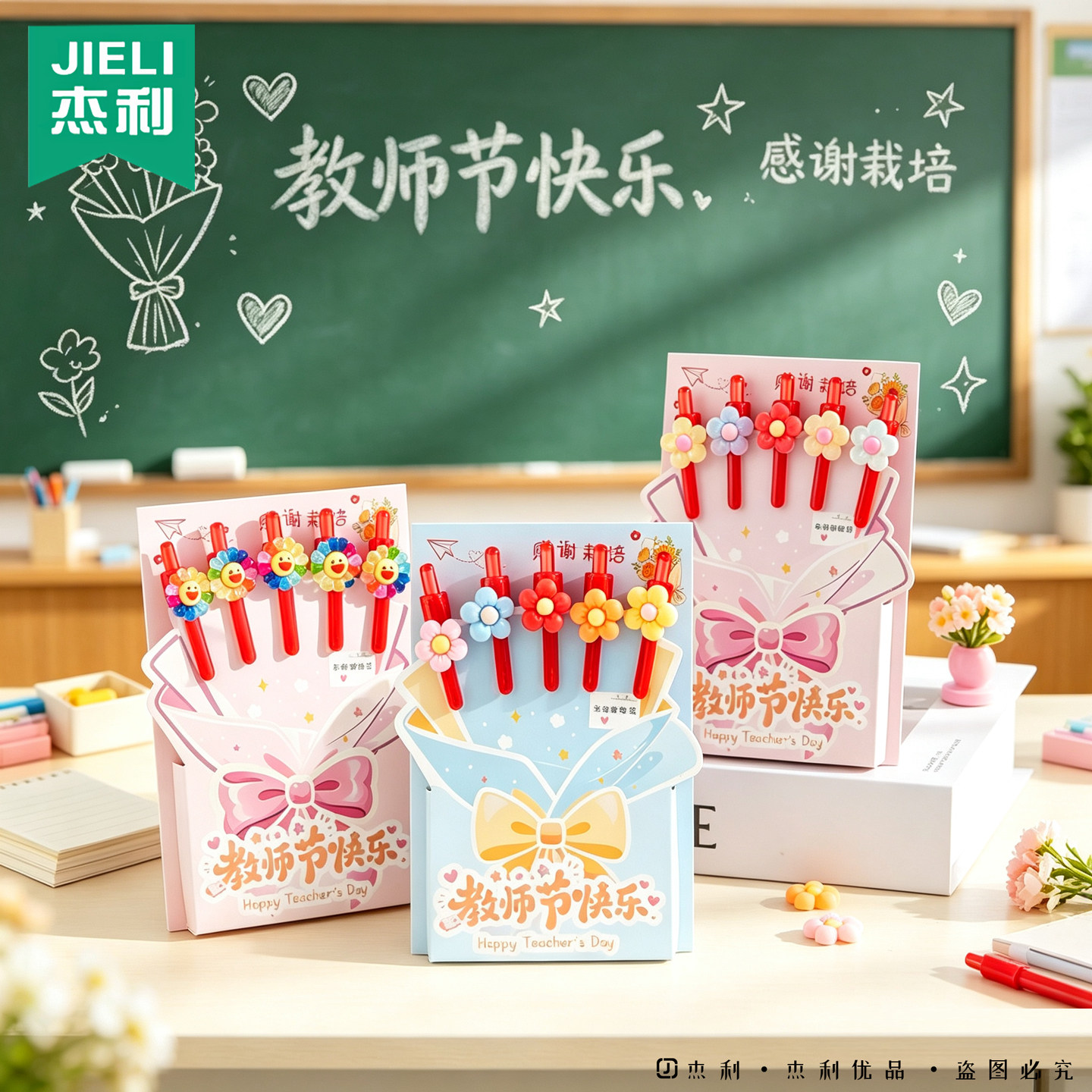 教师节红笔花朵贺卡创意感恩祝福卡片幼儿园小学生中性笔手写留言送老师实用礼品节日礼物精美氛围感贺卡开学