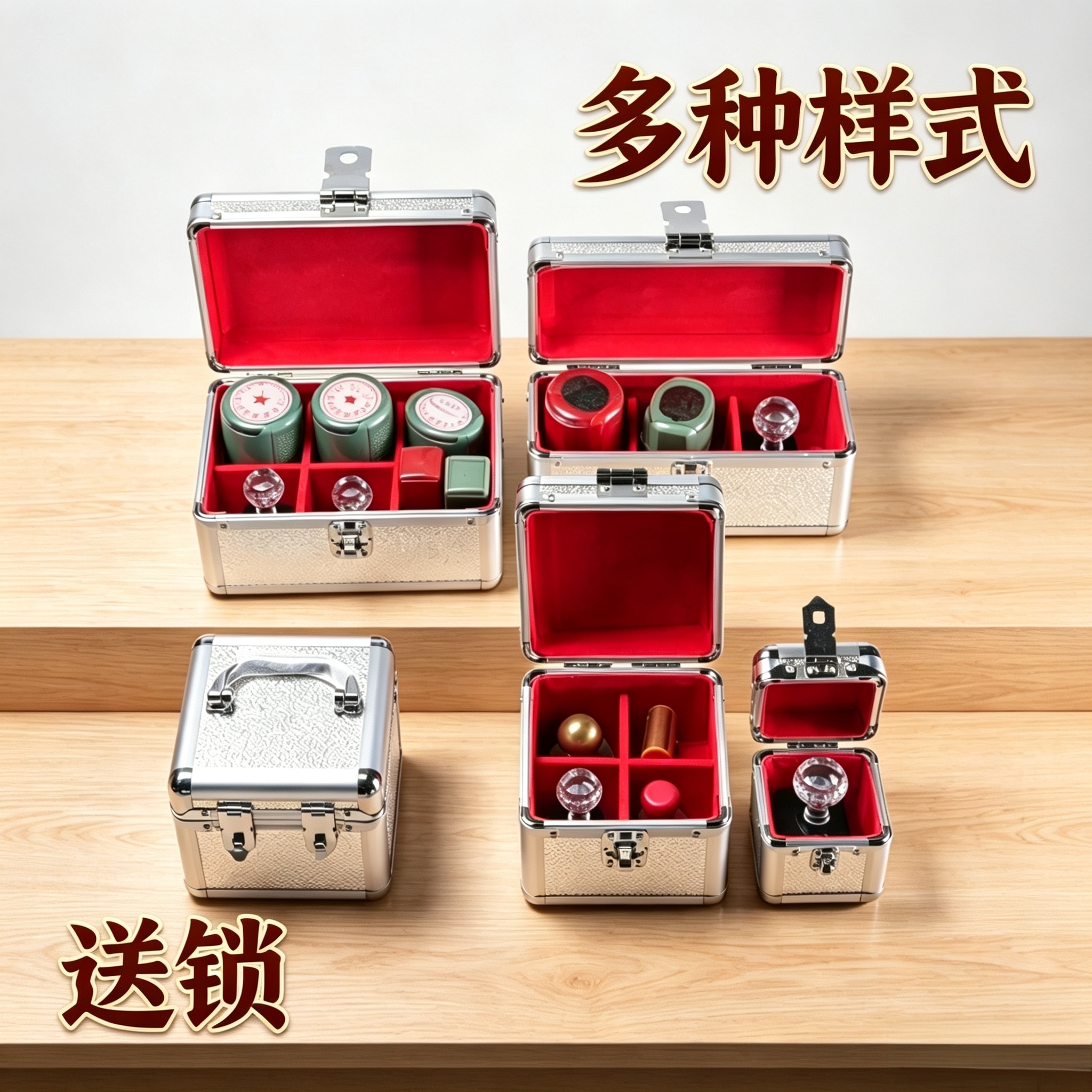 铝合金印章收纳盒带锁便携式回墨印章箱印鉴盒保管箱手提公私章盒
