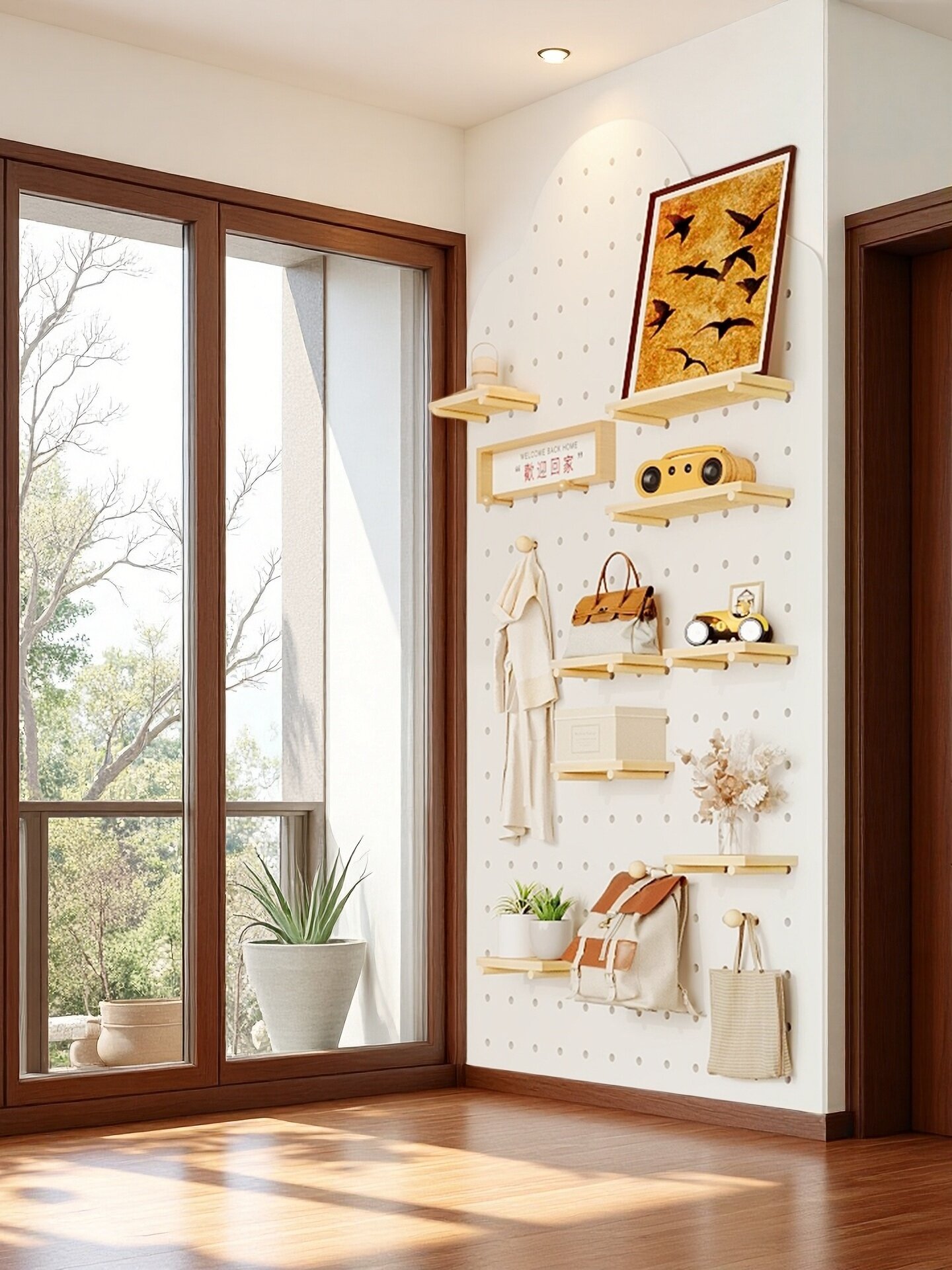 实木洞洞板置物架阳台定制造型墙入户玄关一体墙上壁挂花架展示架