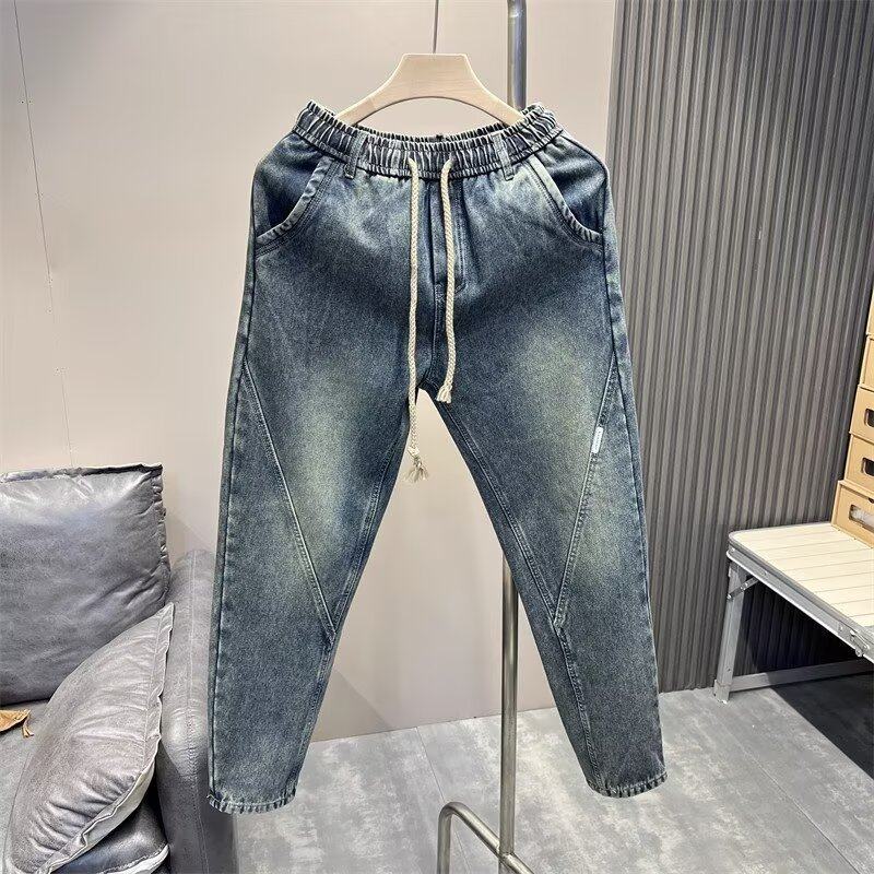 2026春秋复古水洗潮牌宽松哈伦裤加厚抽绳松紧腰百搭直筒长牛仔裤,男装,牛仔裤,淘宝优惠券,粉丝福利购,淘宝优惠卷