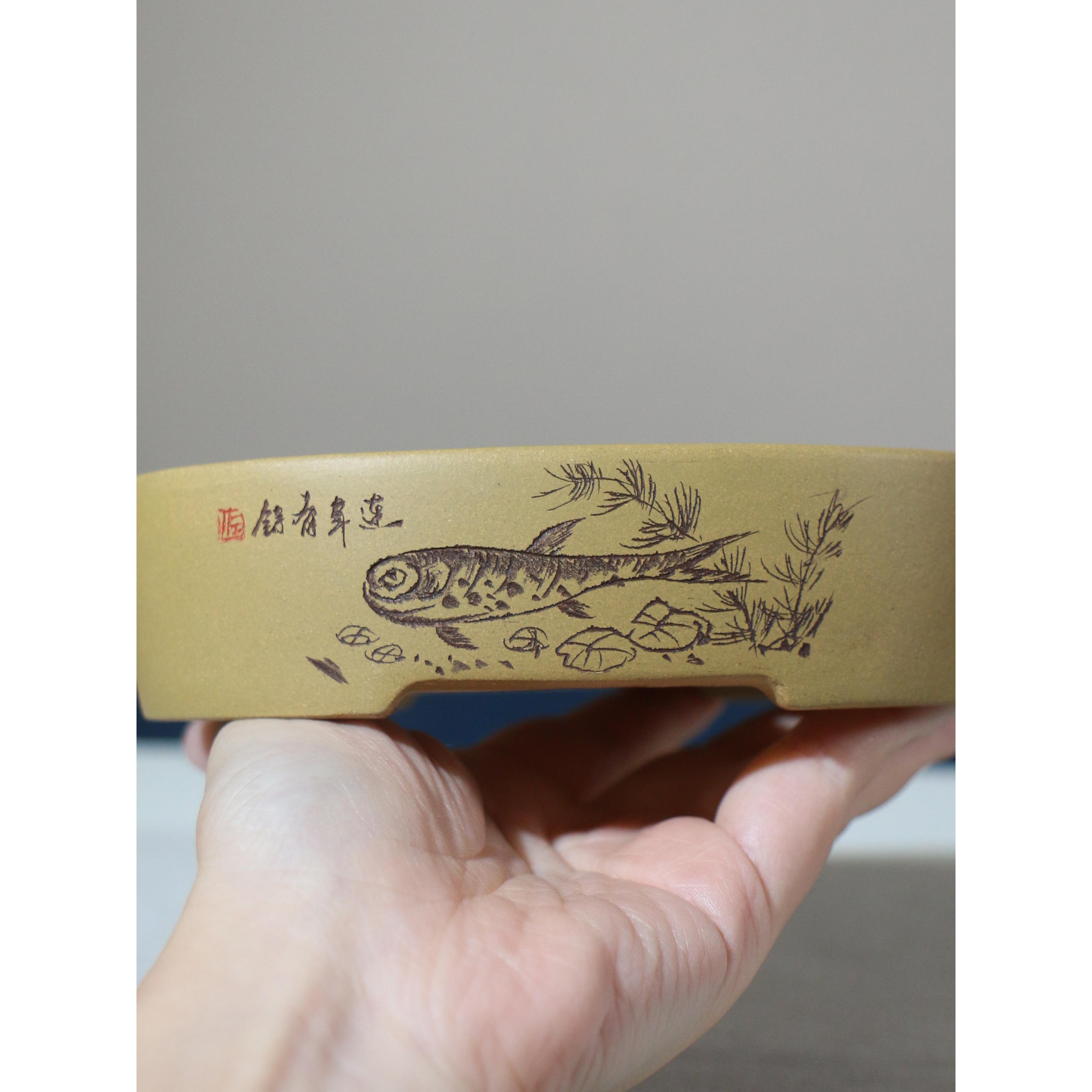 紫砂花盆苏兵椭圆形黄段泥盆景盆手工盆名家盆桌面盆栽古典中国风