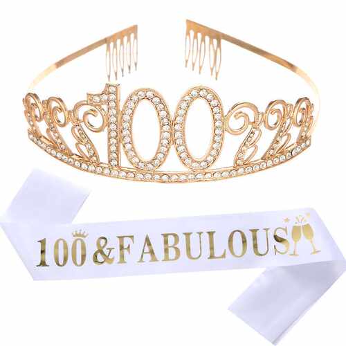 100岁生日皇冠肩带礼仪带 100 fabulous生日腰带水晶合金头饰发饰