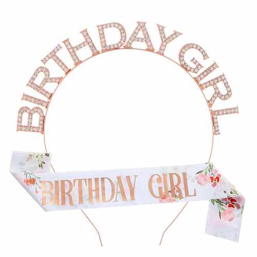 新款合金水钻生日发箍肩带套装 BIRTHDAY GIRL生日女孩皇冠礼仪带