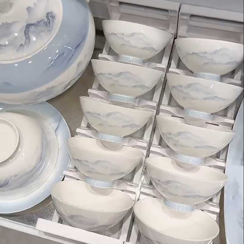 新中式景德镇陶瓷碗碟套装家用水墨风酒店摆台餐具碗盘子组合礼品