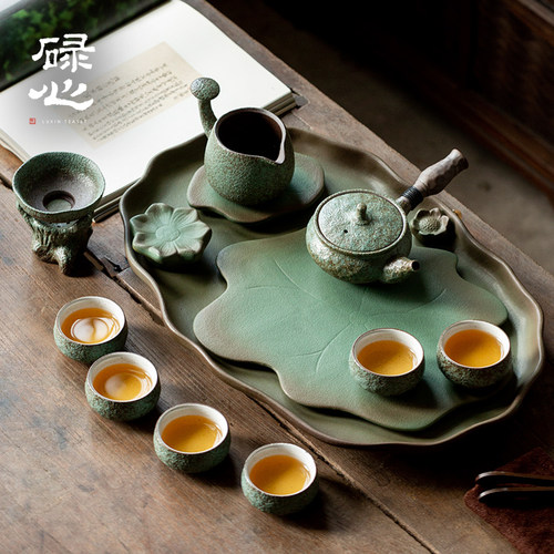碌心中式复古荷韵圆盘茶具大套装