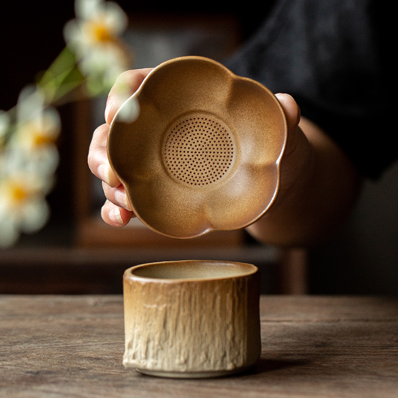 碌心柴棕釉竖纹茶漏组中式复古陶瓷茶叶过滤功夫茶具茶壶泡茶品茗