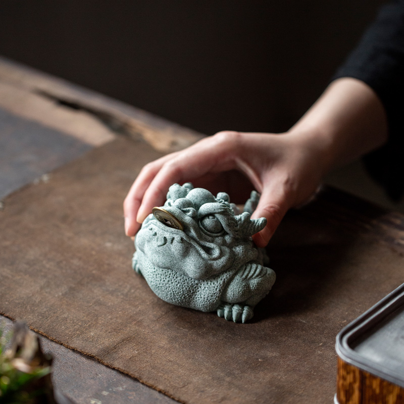 碌心 中式国潮青砂石招财金蟾摆件 精品可养中式茶桌通宝蟾蜍茶宠