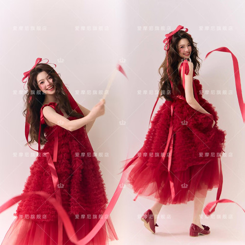 影楼新款新年生日主题肖像写真服装红色可爱少女甜美连衣裙摄影服