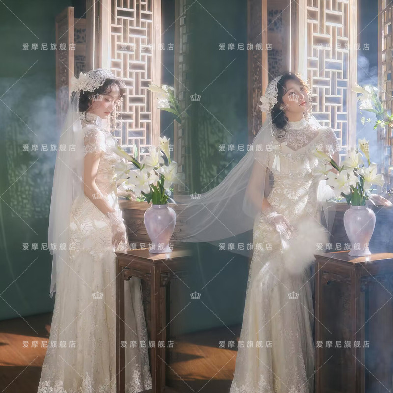 影楼主题摄影法式复古园林风婚纱礼服高级感民国蕾丝新中式婚纱照