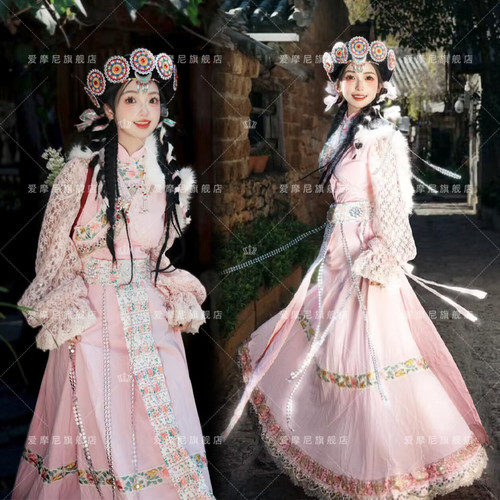 云南网红同款藏袍粉色藏族女民族风纳西族旅拍写真西藏拍照服装
