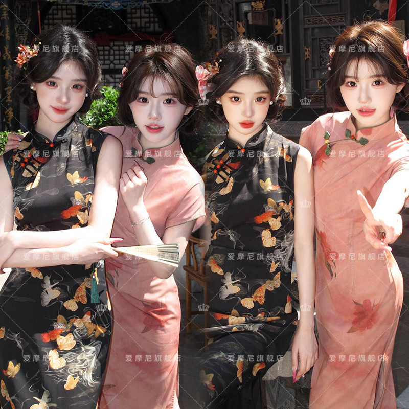 听楼新款闺蜜甜美国风复古新中式旗袍氛围感禅意唯美写真摄影服装图片