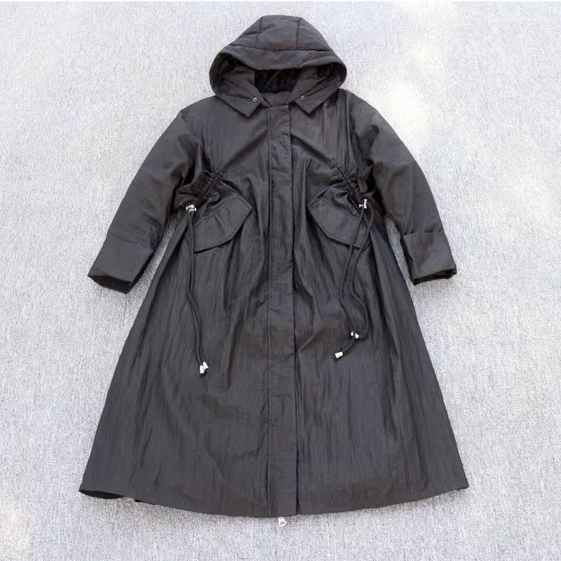 女装黑色中长款前后抽绳收腰连帽简约A版保暖羽绒服大衣外套