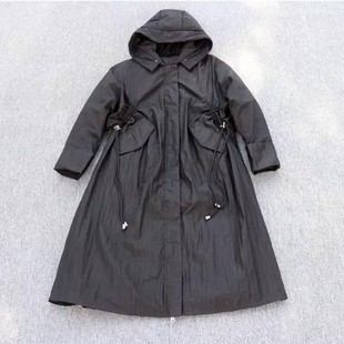 女装黑色中长款前后抽绳收腰连帽简约A版保暖羽绒服大衣外套