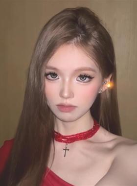 朋克红色十字架多层叠戴项链女复古暗黑亚文化辣妹锁骨链