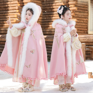 女童披风斗篷加绒加厚超仙古装外套儿童红色拜年服新年汉服斗篷