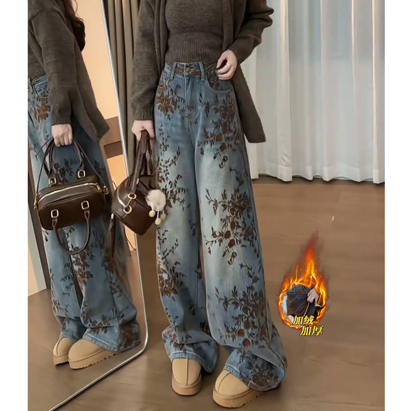 刺绣弯刀牛仔裤女冬季加绒加厚2025新款高腰宽松垂坠感直筒阔腿裤,女装/女士精品,牛仔裤,淘宝优惠券,粉丝福利购,淘宝优惠卷