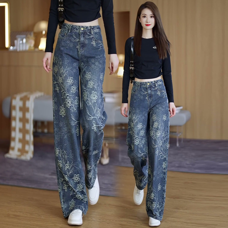 时尚印花阔腿牛仔裤女秋2025新款