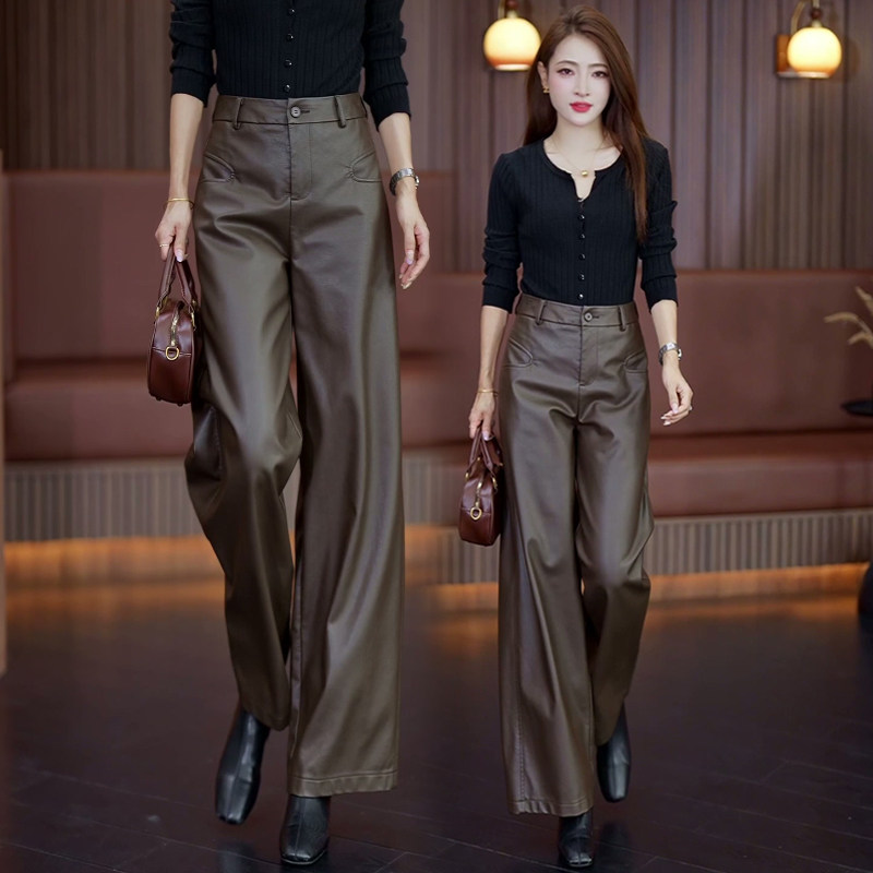 咖色PU阔腿皮裤女秋冬2025新款宽松垂坠感小个子直筒休闲裤子冬季,女装/女士精品,休闲裤,淘宝优惠券,粉丝福利购,淘宝优惠卷