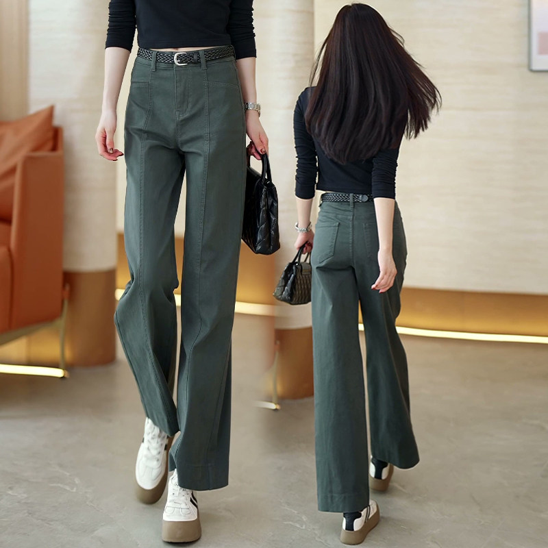 绿色纯棉软牛仔直筒裤女秋季2025新款高腰宽松小个子阔腿裤子春秋,女装/女士精品,牛仔裤,淘宝优惠券,粉丝福利购,淘宝优惠卷