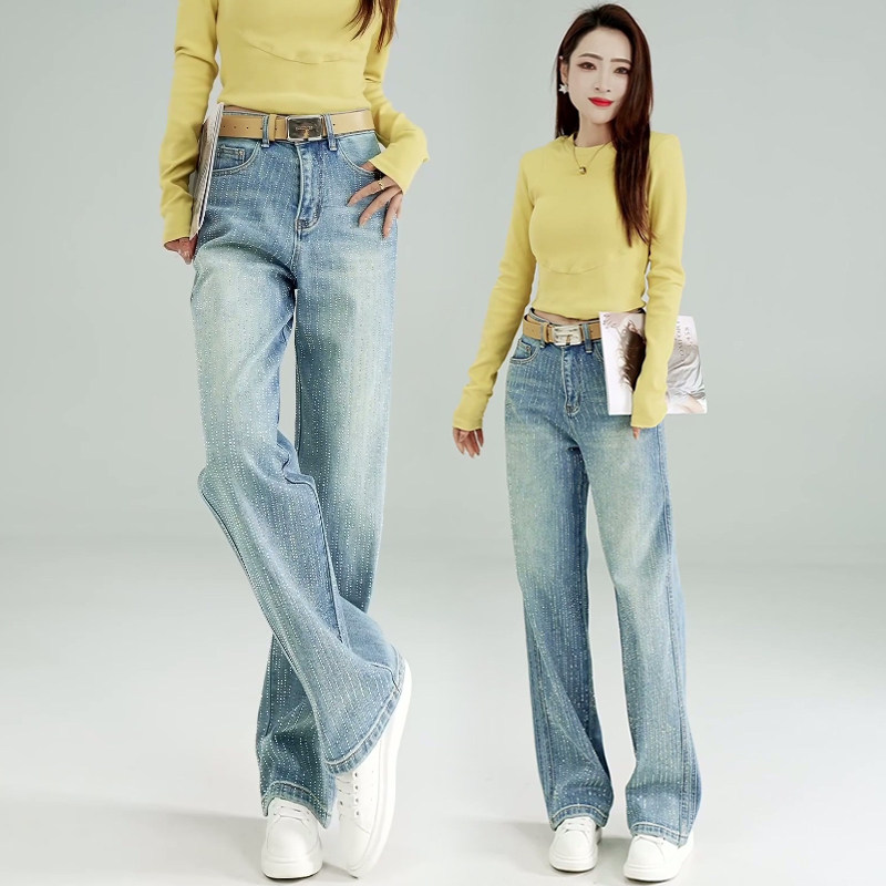 浅蓝色烫钻直筒牛仔裤女春季2026新款高腰宽松垂坠感阔腿裤子春秋,女装/女士精品,牛仔裤,淘宝优惠券,粉丝福利购,淘宝优惠卷