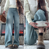 高腰宽松慵懒风直筒裤 浅蓝色阔腿牛仔裤 女秋冬加绒加厚2025新款 子