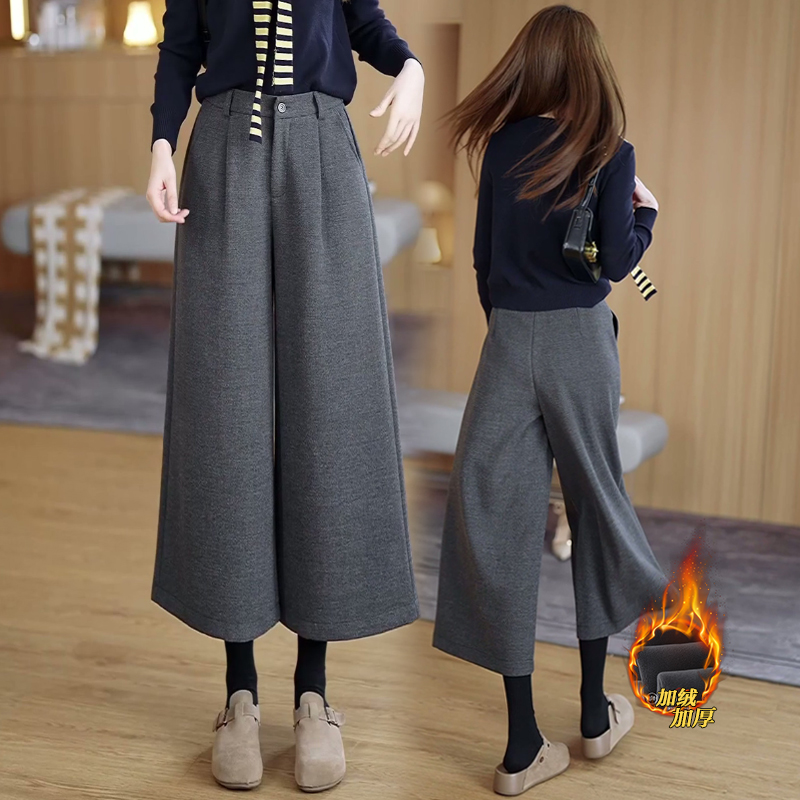 灰色八分毛呢阔腿裤女秋冬加绒