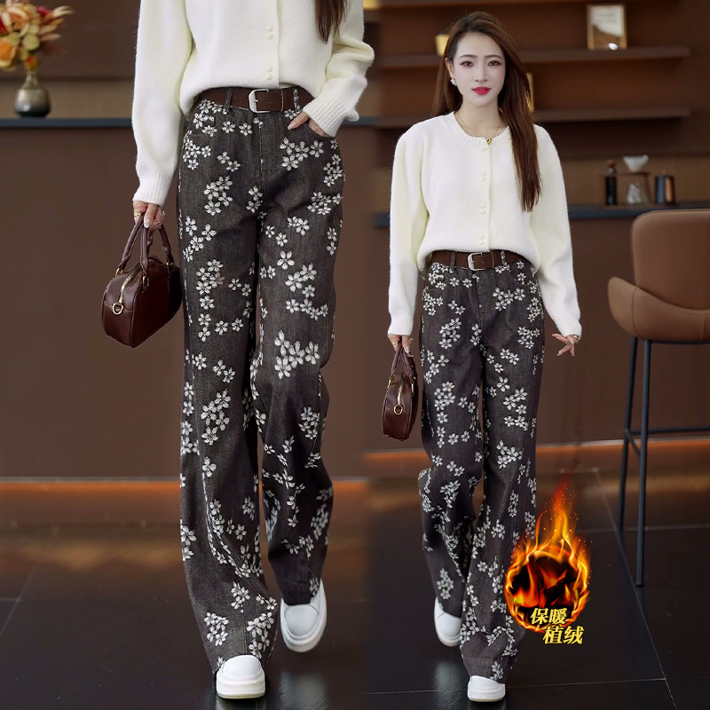 冬季印花软牛仔直筒裤女秋冬加绒加厚2025新款高腰宽松阔腿裤子冬,女装/女士精品,牛仔裤,淘宝优惠券,粉丝福利购,淘宝优惠卷