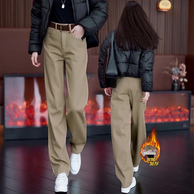卡其色直筒弯刀牛仔裤女冬季加绒