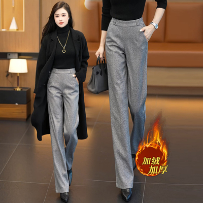 灰色毛呢阔腿裤女秋冬款加绒加厚