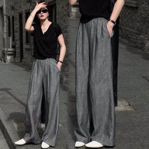 灰色天丝亚麻阔腿裤女夏季薄款