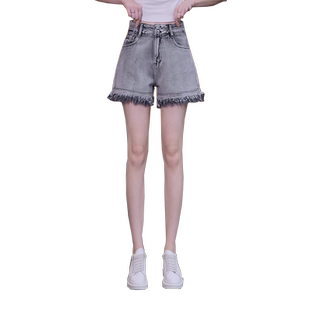 烟灰色毛边牛仔短裤女夏季薄款2026年新款高腰宽松阔腿五分裤子夏