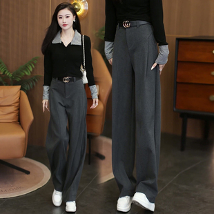 子冬季 松弛感直筒阔腿裤 女冬加厚2025新款 秋冬灰色毛呢糯米弯刀裤
