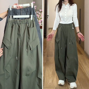 高腰宽松酷飒风直筒阔腿裤 军绿色弯刀工装 2026新款 女春季 子春秋 裤