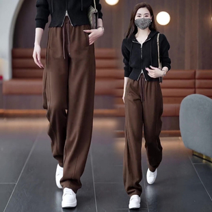 高腰显瘦宽松慵懒风直筒阔腿裤 2026新款 子 女春季 美拉德咖色弯刀裤