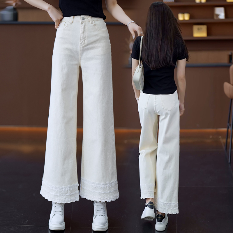 白色蕾丝九分软牛仔阔腿裤女夏季薄款2025新款高腰小个子直筒裤子