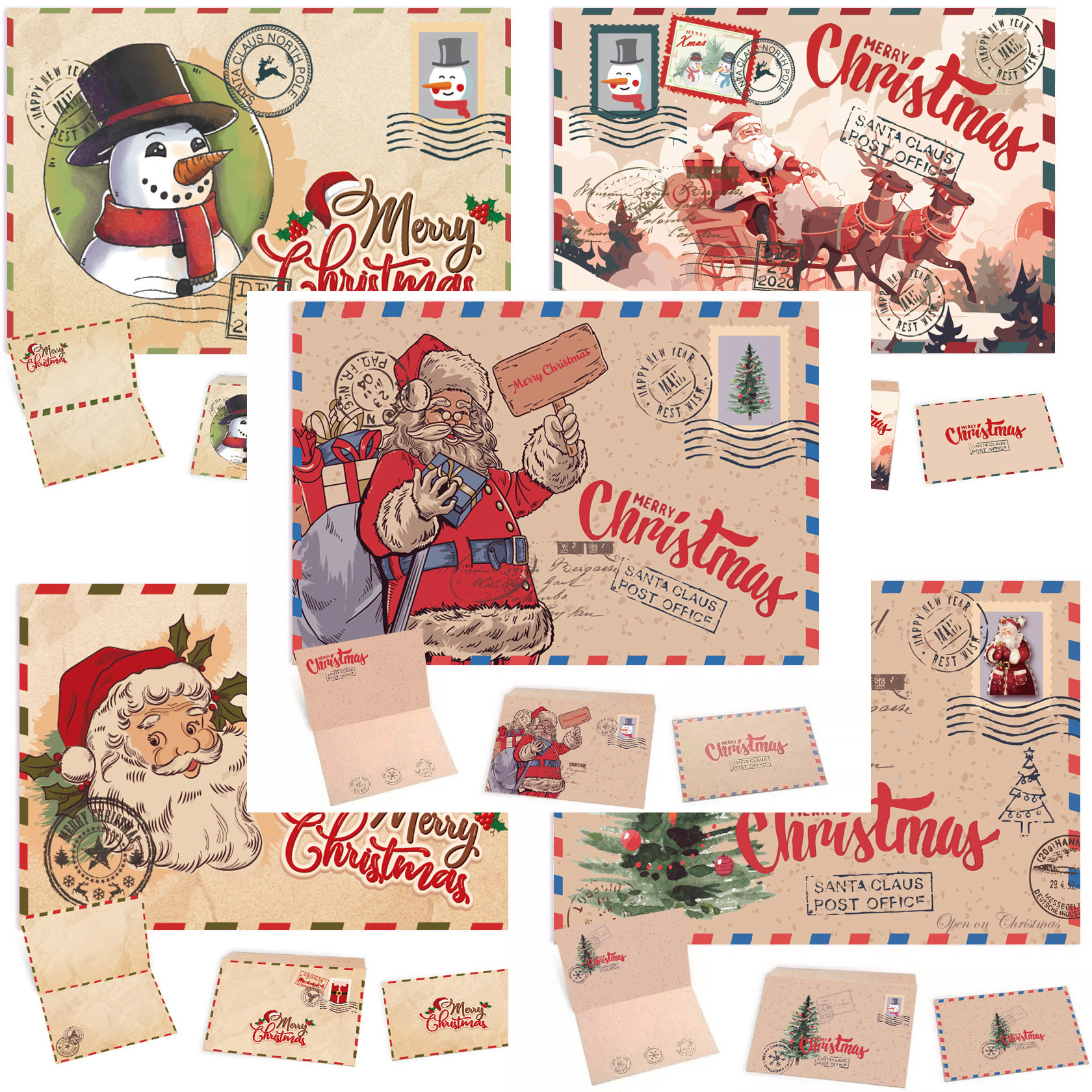 复古邮票风牛皮纸圣诞贺卡2025年新款创意高级感英文明信片圣诞卡儿童礼物留言祝福小卡片空白手写感恩带信封