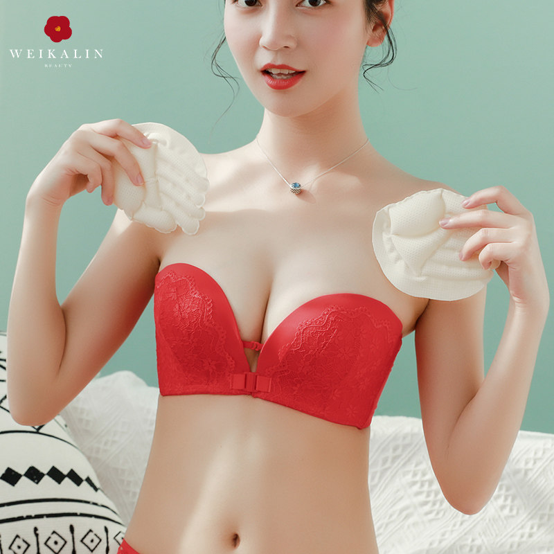 薇卡琳无肩带内衣女生大红充气蕾丝隐形文胸小胸丰胸美背内衣秋季