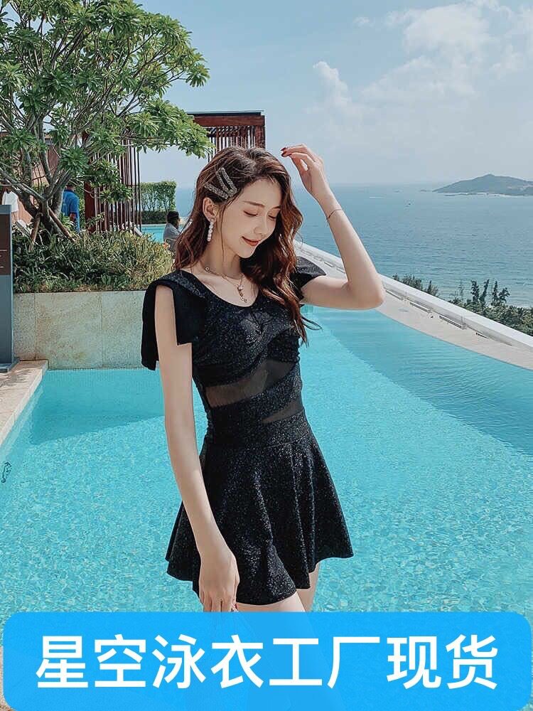 星空泳衣比基尼连衣裙连体女装沙滩黑色蕾丝显瘦紧身均码领带文胸