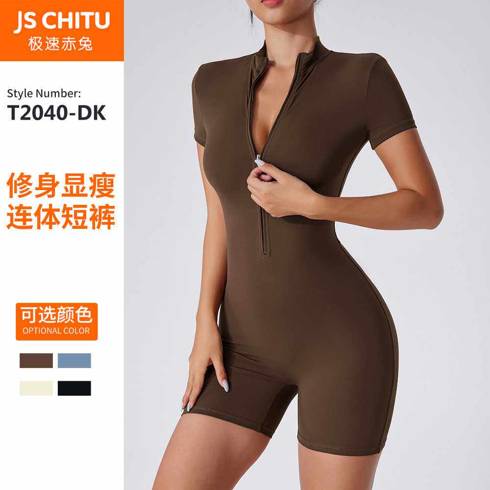欧美夏季拉链短袖瑜伽连体服女舞蹈健身紧身运动短裤连体衣