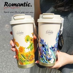 梵高系列铃兰花保温杯女学生高颜值双饮杯咖啡杯316吸管水杯礼品