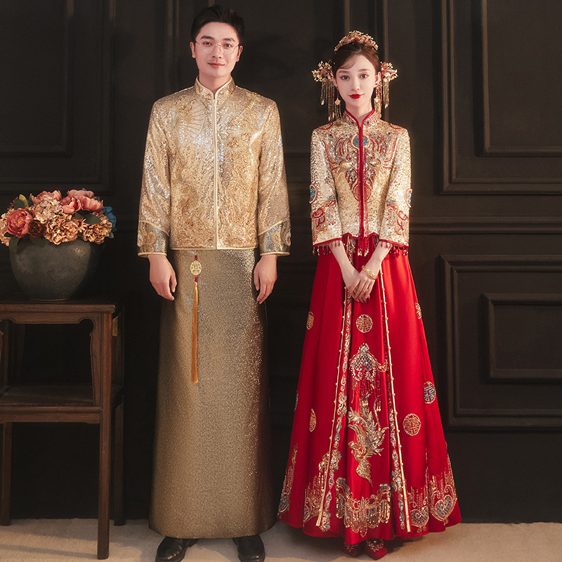 情侣秀禾服新款香槟金新娘结婚中式嫁衣显瘦敬酒服龙凤褂