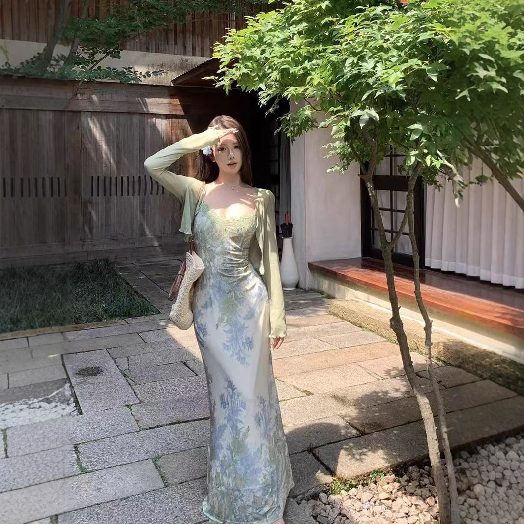 吊带和开衫两件套【花开半夏】新中式复古提花连衣裙女夏裙法式长图片