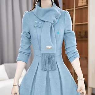 秋冬连衣裙加绒打底裙配大衣显瘦洋气减龄年轻漂亮围巾款 a字裙女