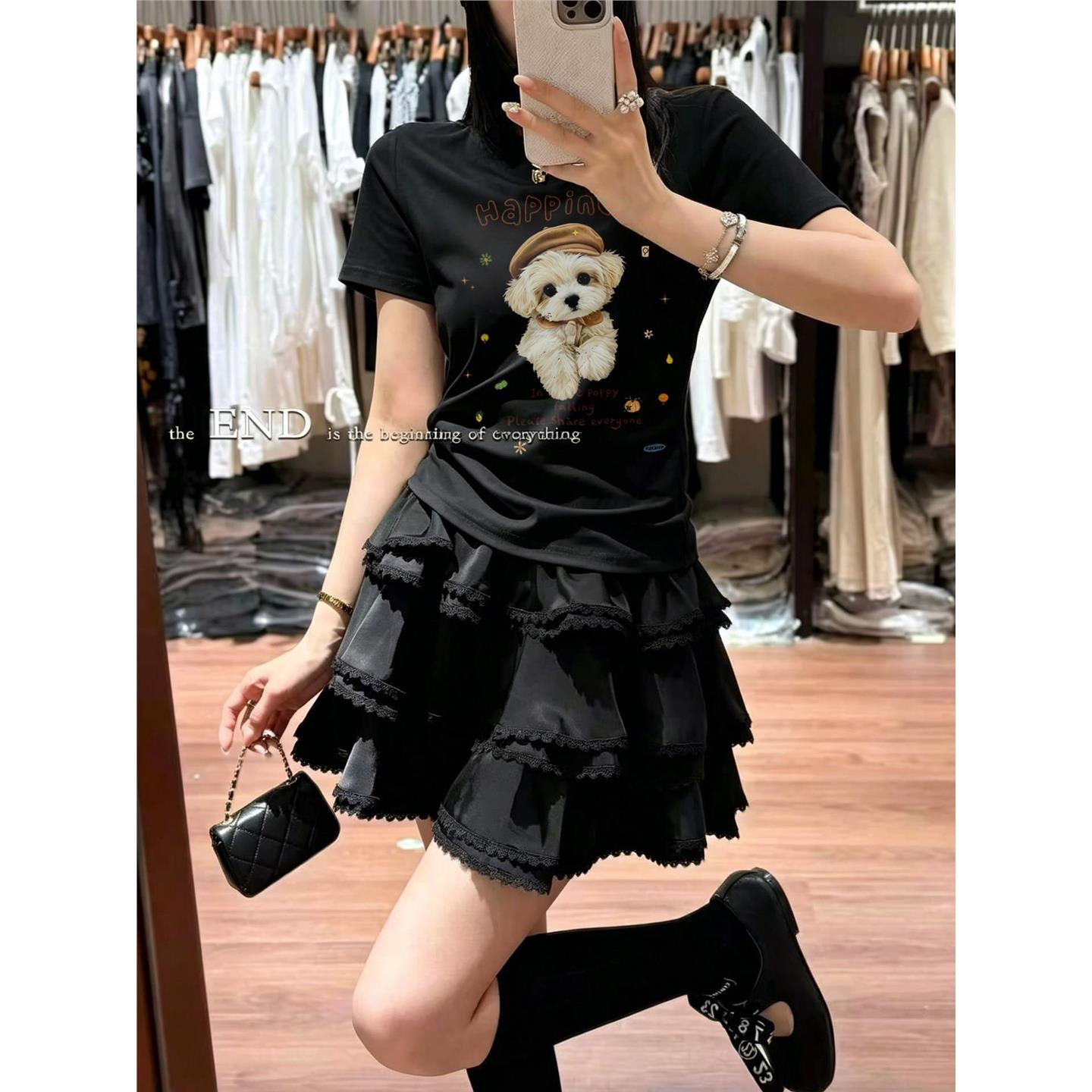 南油小众新品夏季可爱贝雷帽小狗印花短袖T恤女韩系正肩显瘦上衣
