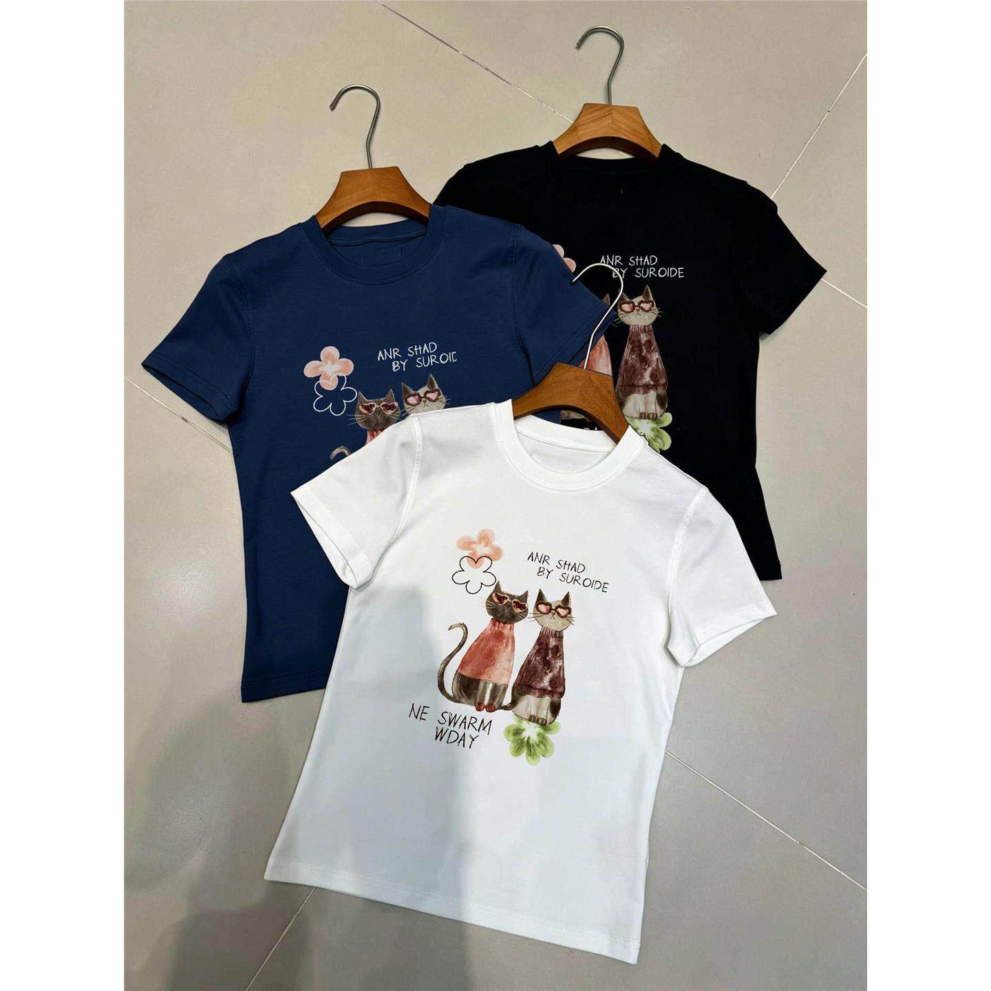 南油小众新品夏季水彩墨镜猫咪印花短袖T恤女修身显瘦百搭上衣潮