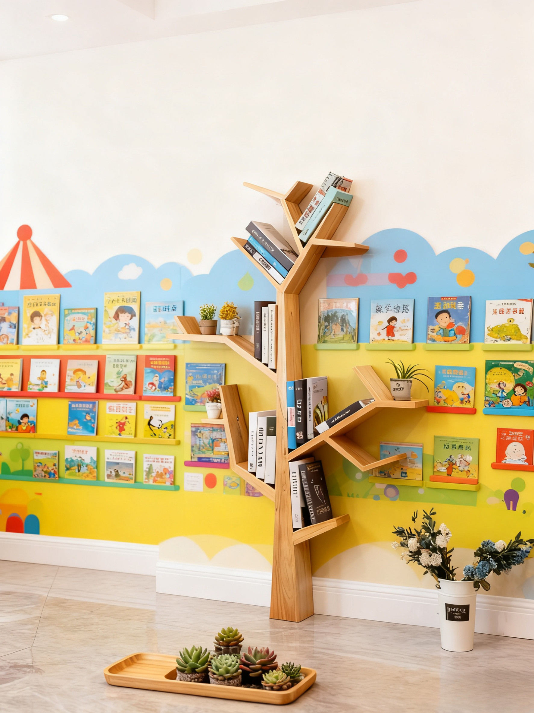 实木树形书架装饰置物架儿童树杈墙上壁挂隔板创意书柜落地展示架