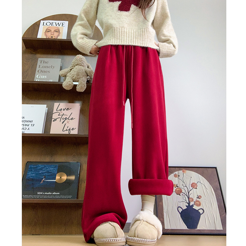 休闲摇粒绒加绒阔腿裤女抽绳休闲