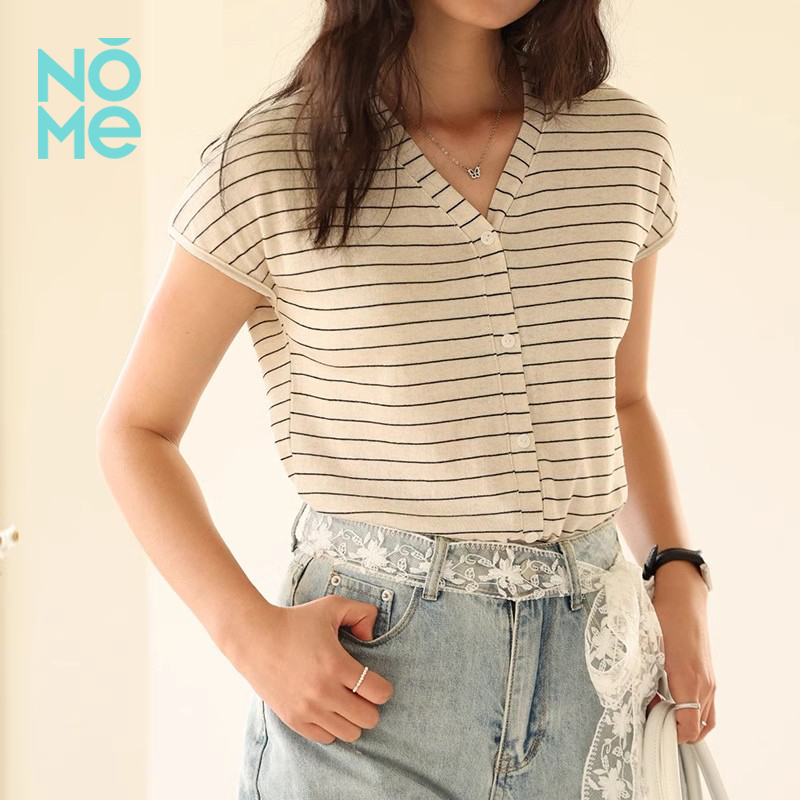 NOME（服饰）春夏天丝莱赛尔打底衫女2025V领亚麻T恤亲肤纽扣开衫